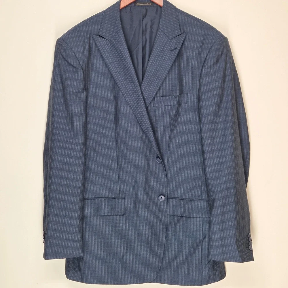 Vittello Super 140s Navy Pinstripe Sport Coat Blazer 46R Peak Lapel 2 Button